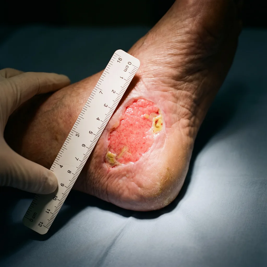 Heel wound photo with measuring ruler
